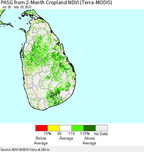 Sri Lanka PASG from 2-Month Cropland NDVI (Terra-MODIS) Thematic Map For 9/22/2022 - 9/29/2022