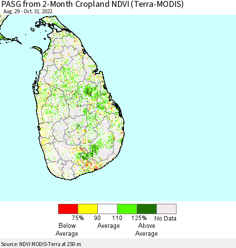 Sri Lanka PASG from 2-Month Cropland NDVI (Terra-MODIS) Thematic Map For 10/21/2022 - 10/31/2022