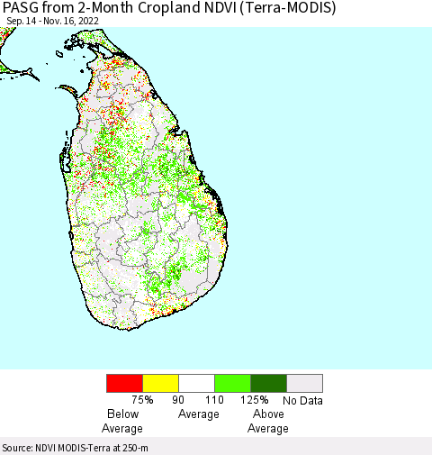 Sri Lanka PASG from 2-Month Cropland NDVI (Terra-MODIS) Thematic Map For 11/9/2022 - 11/16/2022