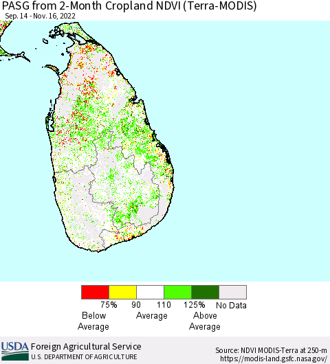 Sri Lanka PASG from 2-Month Cropland NDVI (Terra-MODIS) Thematic Map For 11/11/2022 - 11/20/2022