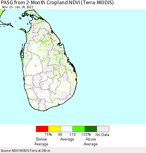 Sri Lanka PASG from 2-Month Cropland NDVI (Terra-MODIS) Thematic Map For 1/17/2023 - 1/24/2023