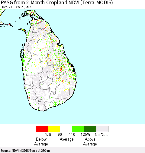 Sri Lanka PASG from 2-Month Cropland NDVI (Terra-MODIS) Thematic Map For 2/18/2023 - 2/25/2023