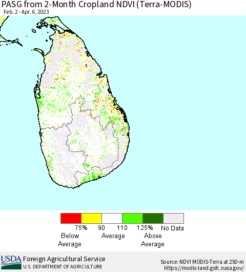 Sri Lanka PASG from 2-Month Cropland NDVI (Terra-MODIS) Thematic Map For 4/1/2023 - 4/10/2023