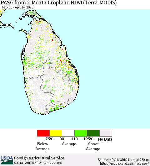 Sri Lanka PASG from 2-Month Cropland NDVI (Terra-MODIS) Thematic Map For 4/11/2023 - 4/20/2023