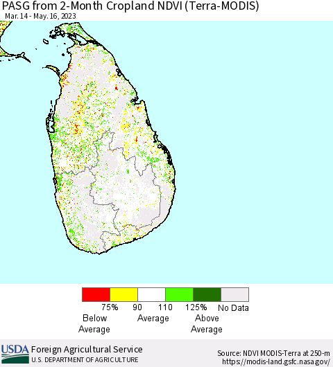 Sri Lanka PASG from 2-Month Cropland NDVI (Terra-MODIS) Thematic Map For 5/11/2023 - 5/20/2023