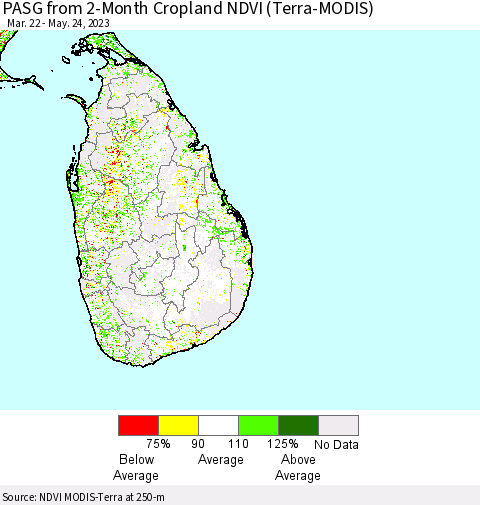 Sri Lanka PASG from 2-Month Cropland NDVI (Terra-MODIS) Thematic Map For 5/17/2023 - 5/24/2023