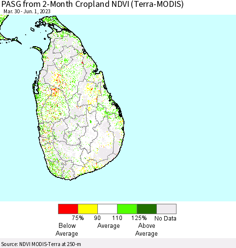 Sri Lanka PASG from 2-Month Cropland NDVI (Terra-MODIS) Thematic Map For 5/25/2023 - 6/1/2023