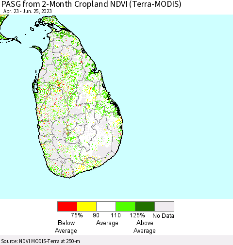 Sri Lanka PASG from 2-Month Cropland NDVI (Terra-MODIS) Thematic Map For 6/18/2023 - 6/25/2023