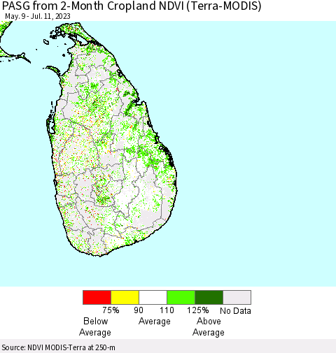 Sri Lanka PASG from 2-Month Cropland NDVI (Terra-MODIS) Thematic Map For 7/4/2023 - 7/11/2023