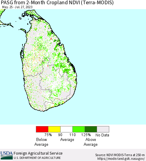 Sri Lanka PASG from 2-Month Cropland NDVI (Terra-MODIS) Thematic Map For 7/21/2023 - 7/31/2023