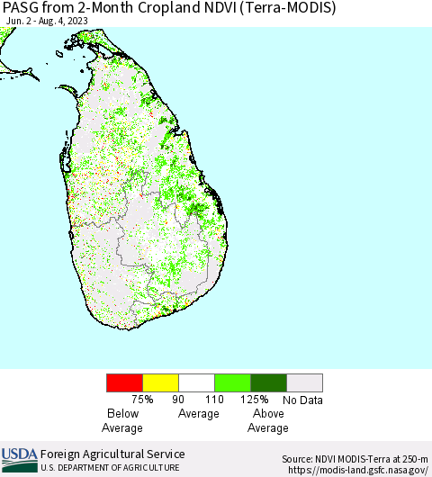Sri Lanka PASG from 2-Month Cropland NDVI (Terra-MODIS) Thematic Map For 8/1/2023 - 8/10/2023