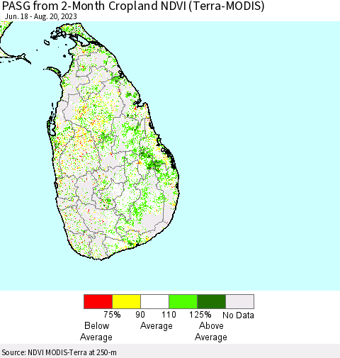 Sri Lanka PASG from 2-Month Cropland NDVI (Terra-MODIS) Thematic Map For 8/11/2023 - 8/20/2023