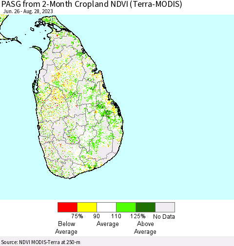 Sri Lanka PASG from 2-Month Cropland NDVI (Terra-MODIS) Thematic Map For 8/21/2023 - 8/28/2023