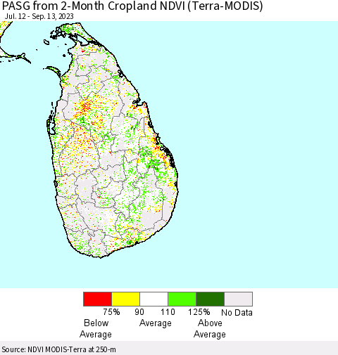 Sri Lanka PASG from 2-Month Cropland NDVI (Terra-MODIS) Thematic Map For 9/6/2023 - 9/13/2023