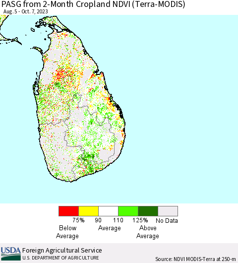 Sri Lanka PASG from 2-Month Cropland NDVI (Terra-MODIS) Thematic Map For 10/1/2023 - 10/10/2023