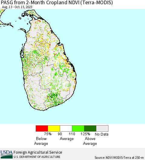Sri Lanka PASG from 2-Month Cropland NDVI (Terra-MODIS) Thematic Map For 10/11/2023 - 10/20/2023