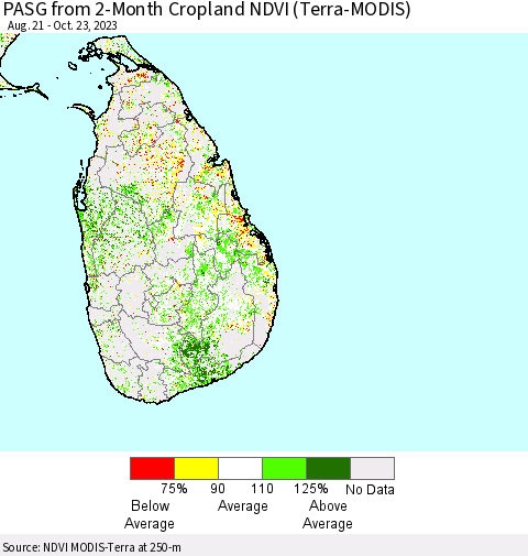 Sri Lanka PASG from 2-Month Cropland NDVI (Terra-MODIS) Thematic Map For 10/16/2023 - 10/23/2023