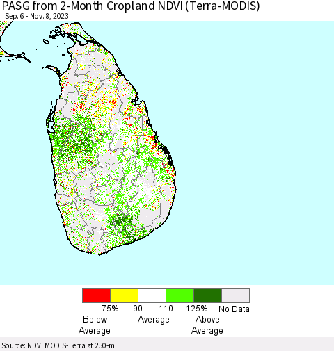Sri Lanka PASG from 2-Month Cropland NDVI (Terra-MODIS) Thematic Map For 11/1/2023 - 11/8/2023