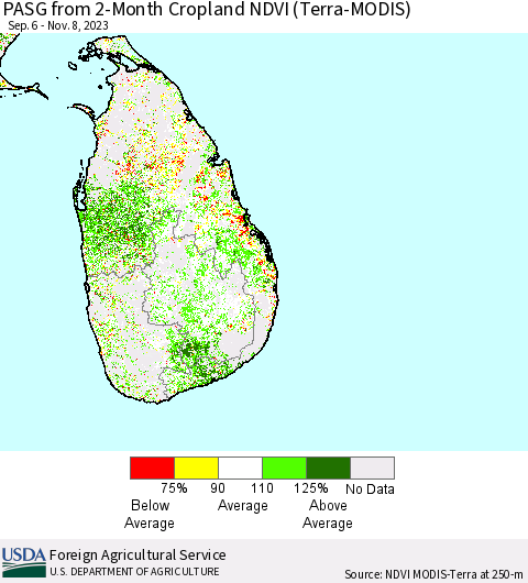 Sri Lanka PASG from 2-Month Cropland NDVI (Terra-MODIS) Thematic Map For 11/1/2023 - 11/10/2023
