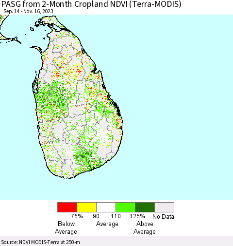Sri Lanka PASG from 2-Month Cropland NDVI (Terra-MODIS) Thematic Map For 11/9/2023 - 11/16/2023