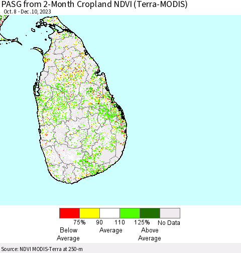 Sri Lanka PASG from 2-Month Cropland NDVI (Terra-MODIS) Thematic Map For 12/3/2023 - 12/10/2023