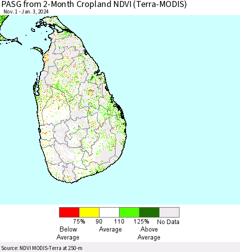 Sri Lanka PASG from 2-Month Cropland NDVI (Terra-MODIS) Thematic Map For 12/27/2023 - 1/3/2024