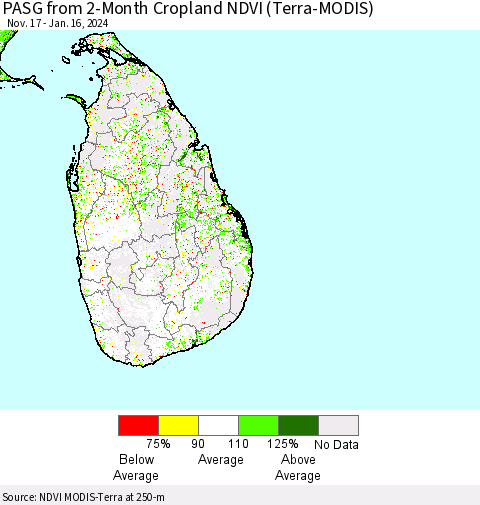 Sri Lanka PASG from 2-Month Cropland NDVI (Terra-MODIS) Thematic Map For 1/9/2024 - 1/16/2024