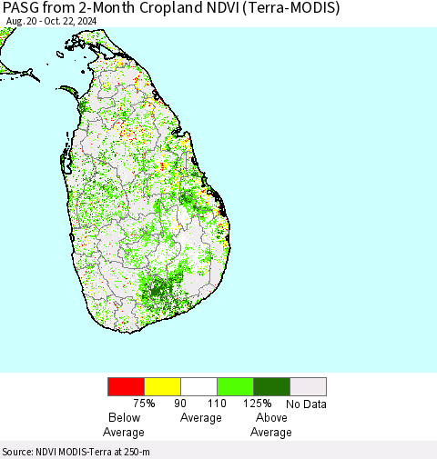 Sri Lanka PASG from 2-Month Cropland NDVI (Terra-MODIS) Thematic Map For 10/15/2024 - 10/22/2024