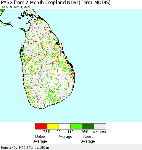 Sri Lanka PASG from 2-Month Cropland NDVI (Terra-MODIS) Thematic Map For 11/24/2024 - 12/1/2024