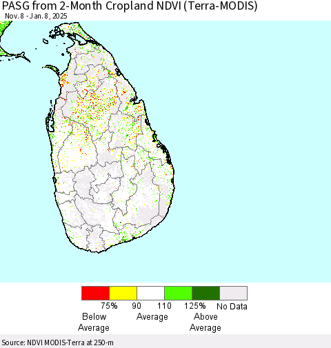 Sri Lanka PASG from 2-Month Cropland NDVI (Terra-MODIS) Thematic Map For 1/1/2025 - 1/8/2025