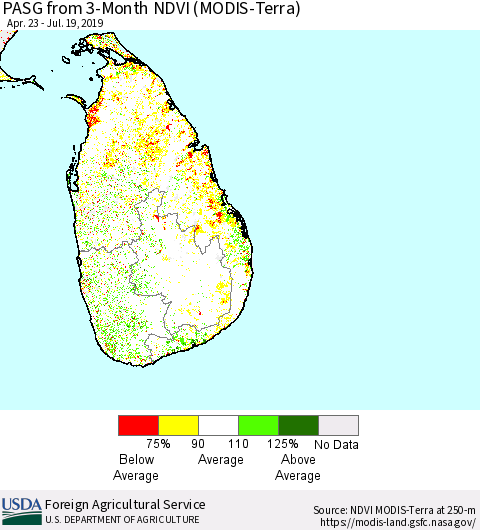 Sri Lanka PASG from 3-Month NDVI (Terra-MODIS) Thematic Map For 7/11/2019 - 7/20/2019