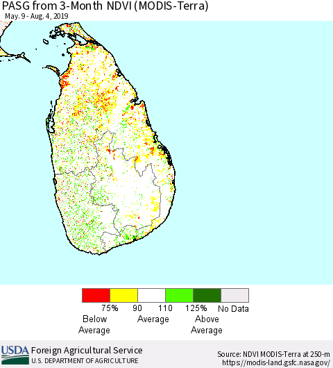 Sri Lanka PASG from 3-Month NDVI (Terra-MODIS) Thematic Map For 8/1/2019 - 8/10/2019