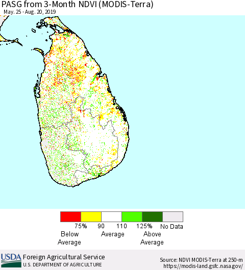 Sri Lanka PASG from 3-Month NDVI (Terra-MODIS) Thematic Map For 8/11/2019 - 8/20/2019