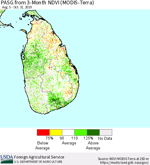 Sri Lanka PASG from 3-Month NDVI (Terra-MODIS) Thematic Map For 10/21/2019 - 10/31/2019