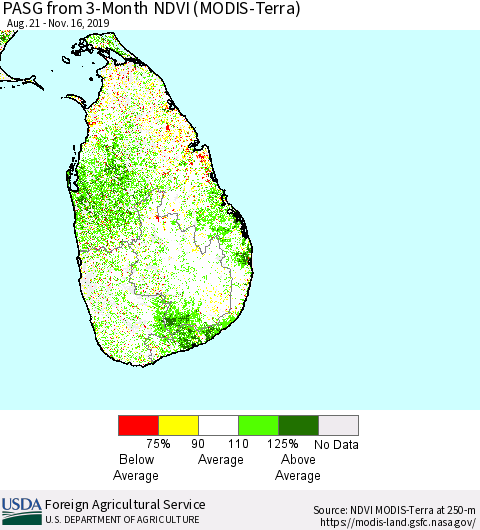 Sri Lanka PASG from 3-Month NDVI (Terra-MODIS) Thematic Map For 11/11/2019 - 11/20/2019