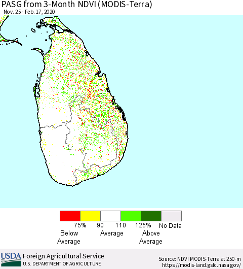 Sri Lanka PASG from 3-Month NDVI (Terra-MODIS) Thematic Map For 2/11/2020 - 2/20/2020
