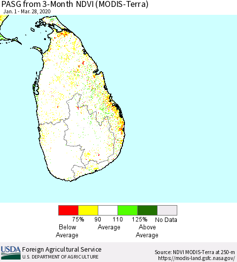 Sri Lanka PASG from 3-Month NDVI (Terra-MODIS) Thematic Map For 3/21/2020 - 3/31/2020