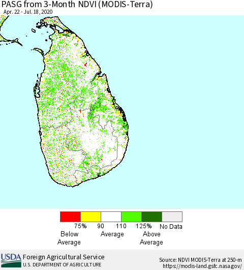Sri Lanka PASG from 3-Month NDVI (Terra-MODIS) Thematic Map For 7/11/2020 - 7/20/2020