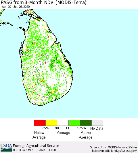 Sri Lanka PASG from 3-Month NDVI (Terra-MODIS) Thematic Map For 7/21/2020 - 7/31/2020