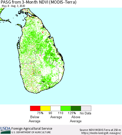 Sri Lanka PASG from 3-Month NDVI (Terra-MODIS) Thematic Map For 8/1/2020 - 8/10/2020