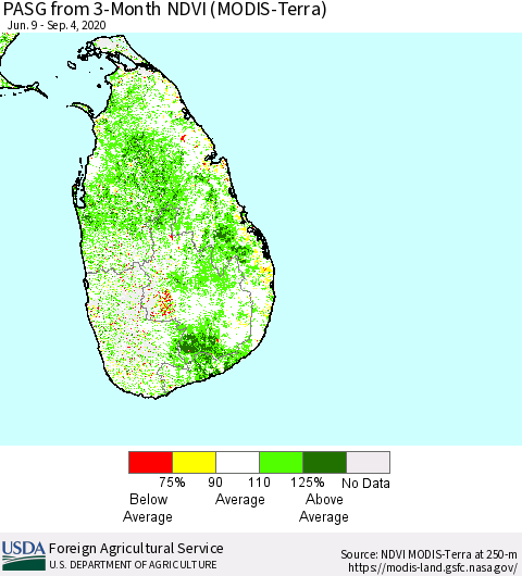 Sri Lanka PASG from 3-Month NDVI (Terra-MODIS) Thematic Map For 9/1/2020 - 9/10/2020