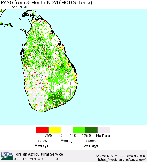 Sri Lanka PASG from 3-Month NDVI (Terra-MODIS) Thematic Map For 9/21/2020 - 9/30/2020