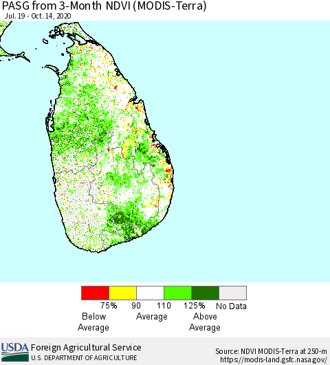 Sri Lanka PASG from 3-Month NDVI (Terra-MODIS) Thematic Map For 10/11/2020 - 10/20/2020