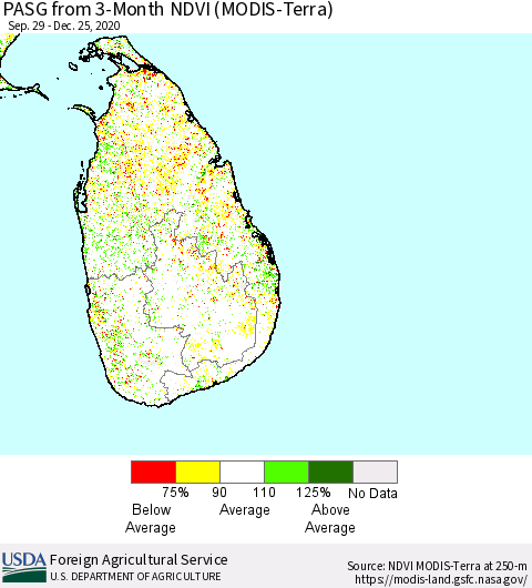 Sri Lanka PASG from 3-Month NDVI (MODIS-Terra) Thematic Map For 12/21/2020 - 12/31/2020