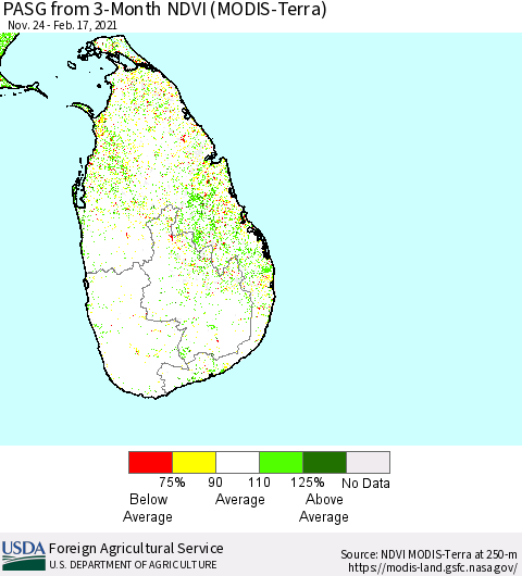 Sri Lanka PASG from 3-Month NDVI (MODIS-Terra) Thematic Map For 2/11/2021 - 2/20/2021