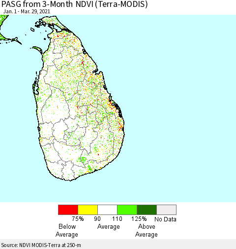 Sri Lanka PASG from 3-Month NDVI (Terra-MODIS) Thematic Map For 3/22/2021 - 3/29/2021
