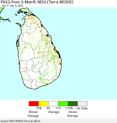 Sri Lanka PASG from 3-Month NDVI (Terra-MODIS) Thematic Map For 3/30/2021 - 4/6/2021