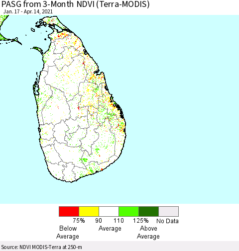 Sri Lanka PASG from 3-Month NDVI (Terra-MODIS) Thematic Map For 4/7/2021 - 4/14/2021