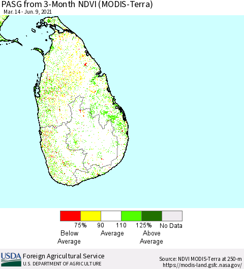 Sri Lanka PASG from 3-Month NDVI (Terra-MODIS) Thematic Map For 6/1/2021 - 6/10/2021