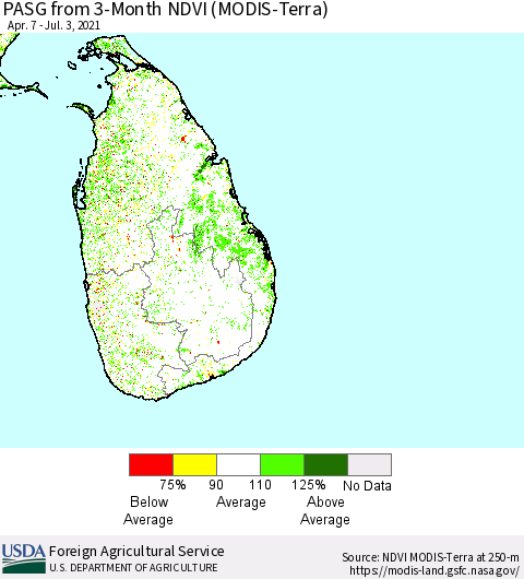 Sri Lanka PASG from 3-Month NDVI (Terra-MODIS) Thematic Map For 7/1/2021 - 7/10/2021